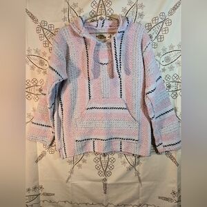 Earth Ragz Baja Mexican Pullover Poncho Hoodie Boho Hippie Small Pink White
